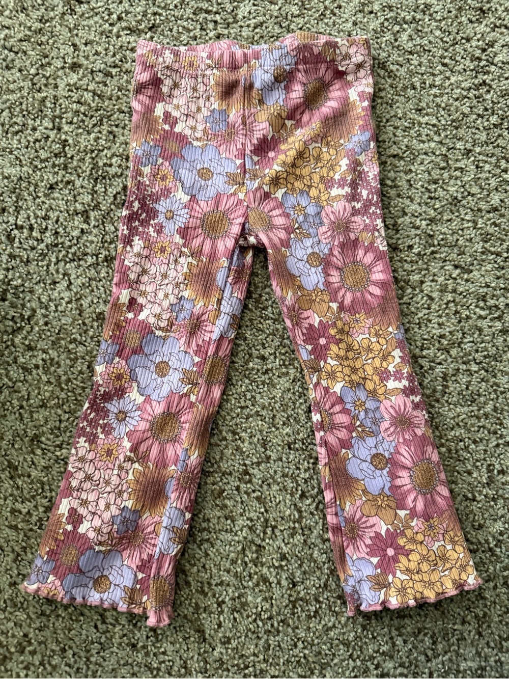 Kids Headquarters Floral Ribbed Flare Leggings - Pink, Blue, Gold